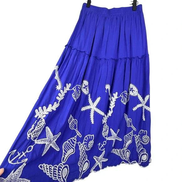 LAFFAIRE M Blue Nautical Sea Shell Starfish Embroidered Tiered Maxi Skirt Beach - Picture 3 of 10